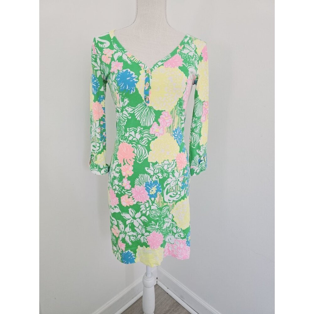 Lilly Pulitzer Palmetto Pima Cotton Henley Floral Green Tropical Resort Dress XS